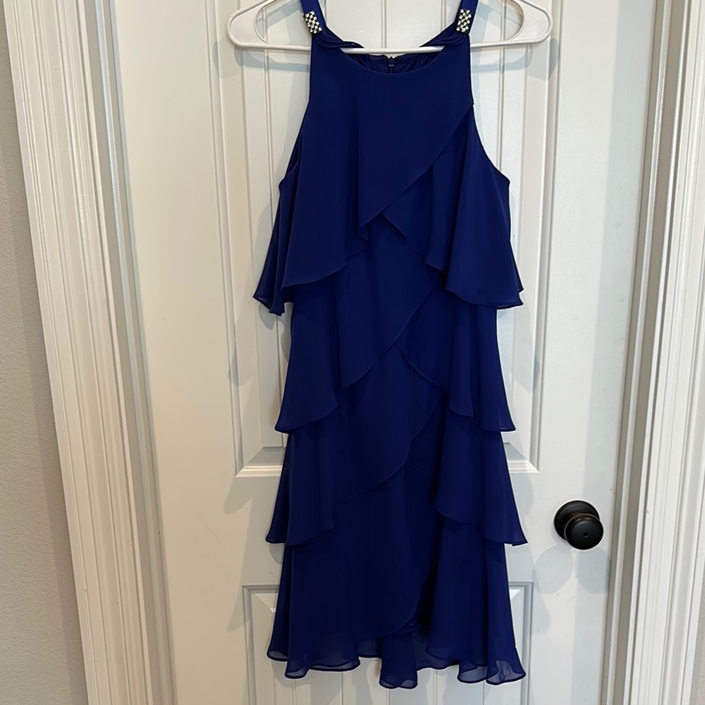 Blue Ruffled Tiered Sundress with Halter Neckline